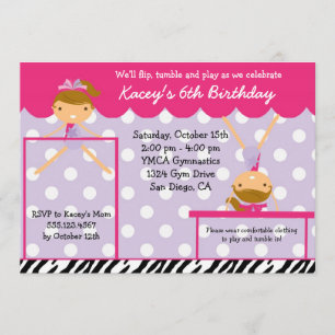 Gymnast Gymnastics Birthday Party Invitation Zebra