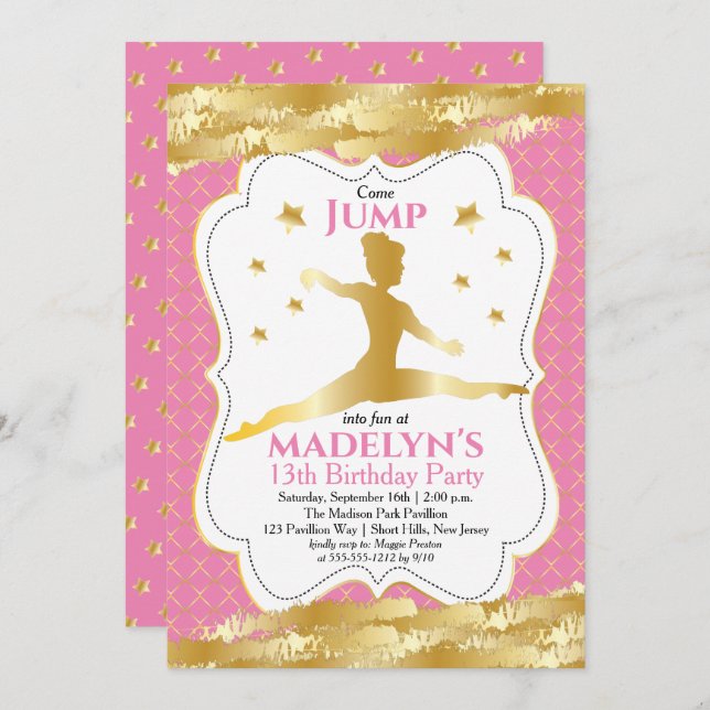 Gymnast Pink | Gold Stars Girl Birthday Party Invitation (Front/Back)