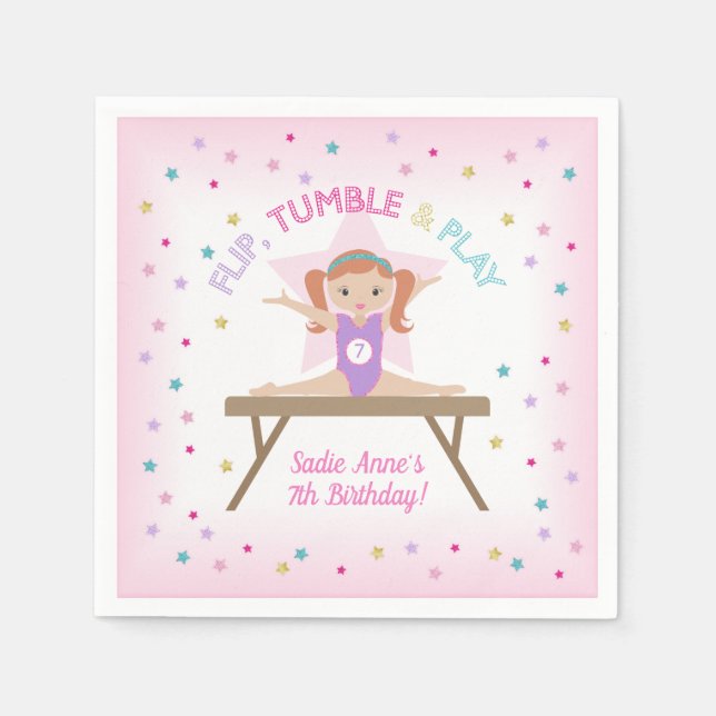 Gymnast Pink Hair Gymnastics Jump Birthday Party  Napkin (Front)