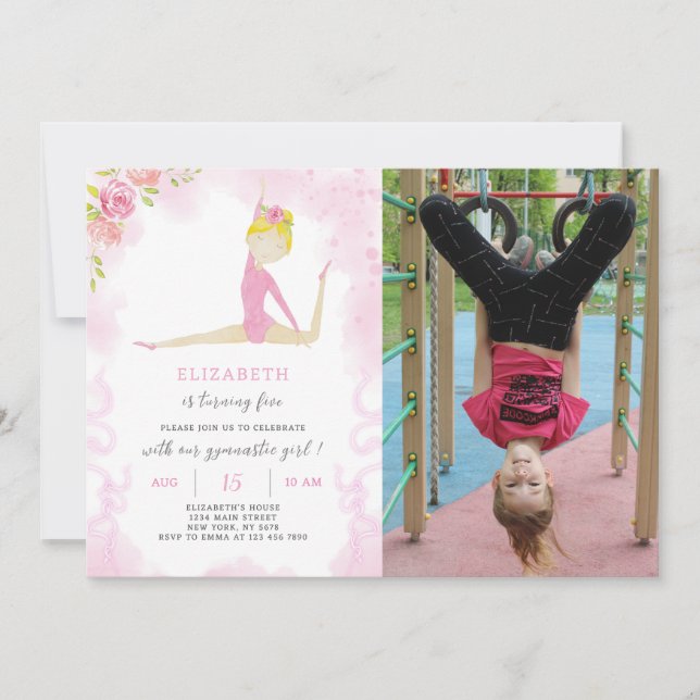 Gymnastic Birthday Invitation With Photo (Front)
