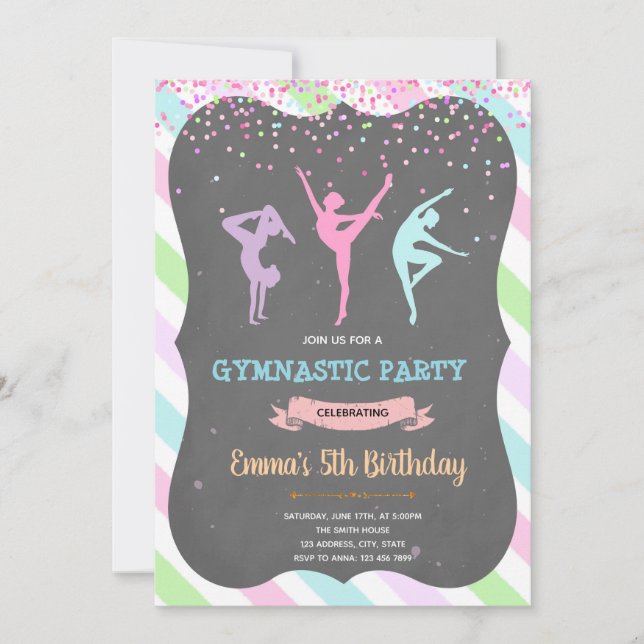 Gymnastic girl birthday party invitation (Front)