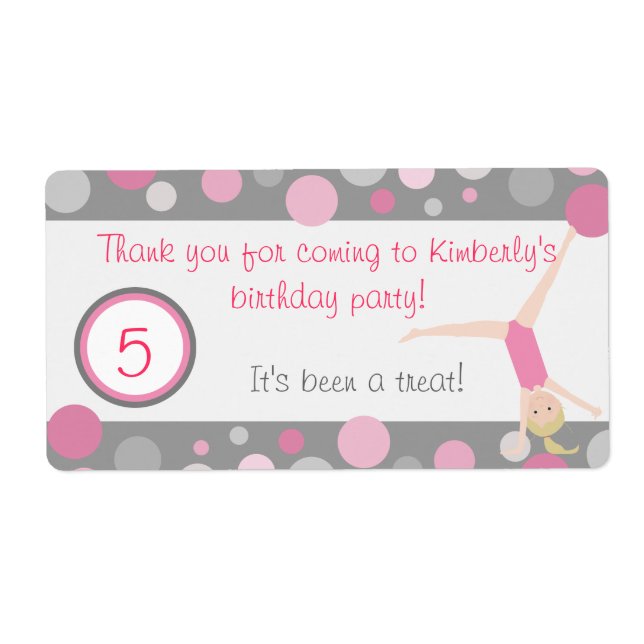 Gymnastic Party Favour Labels Pink & Grey (Front)