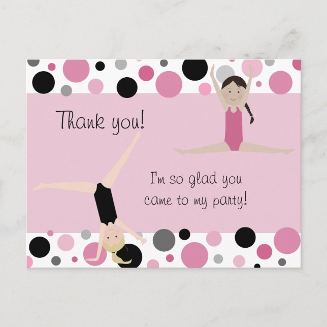 Gymnastic Party Thank You in Pink, Grey & Black Postcard (Front)