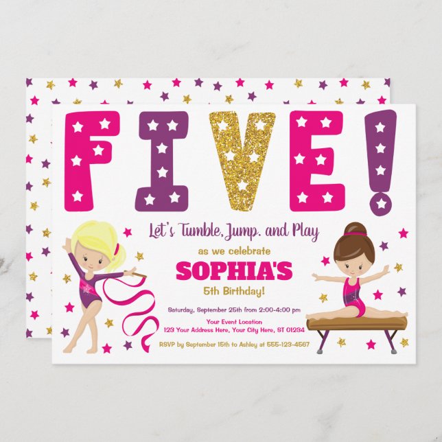 Gymnastics 5th Birthday Invitation | Hot Pink (Front/Back)