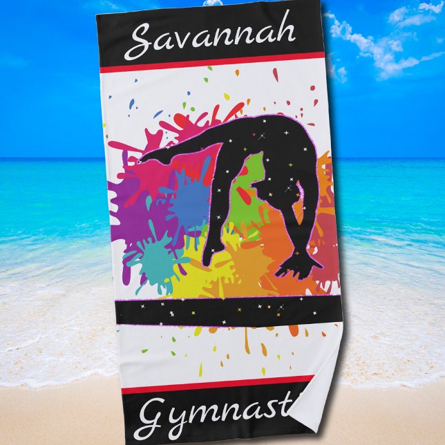 Gymnastics Balance Beam Paint Splatter Beach Towel (Color Splash Gymnast Design for Confident Girls and Young Athletes)