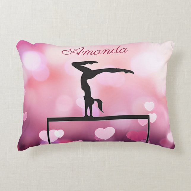 Gymnastics Balance Beam Pink Hearts Decorative Cushion (Front)