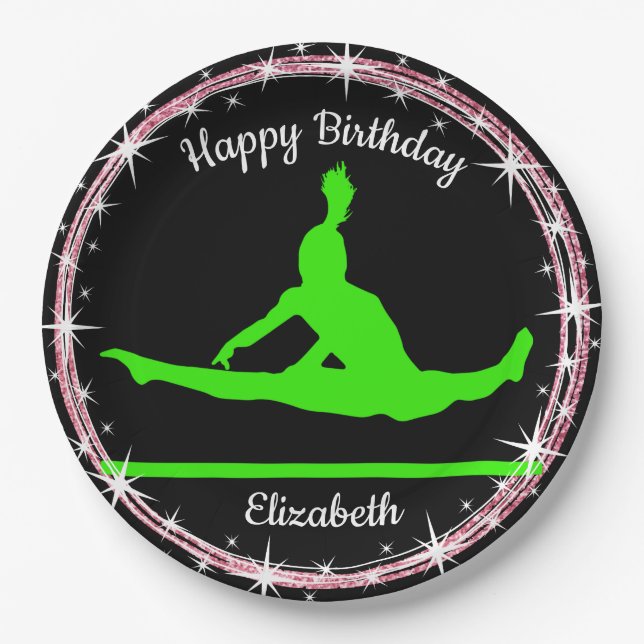 Gymnastics Bars Birthday in Lime Green and Black  Paper Plate (Front)