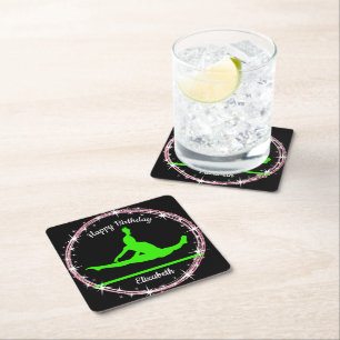 Gymnastics Bars Birthday in Lime Green and Black Square Paper Coaster