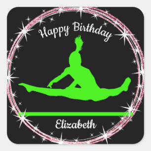 Gymnastics Bars Birthday in Lime Green and Black Square Sticker