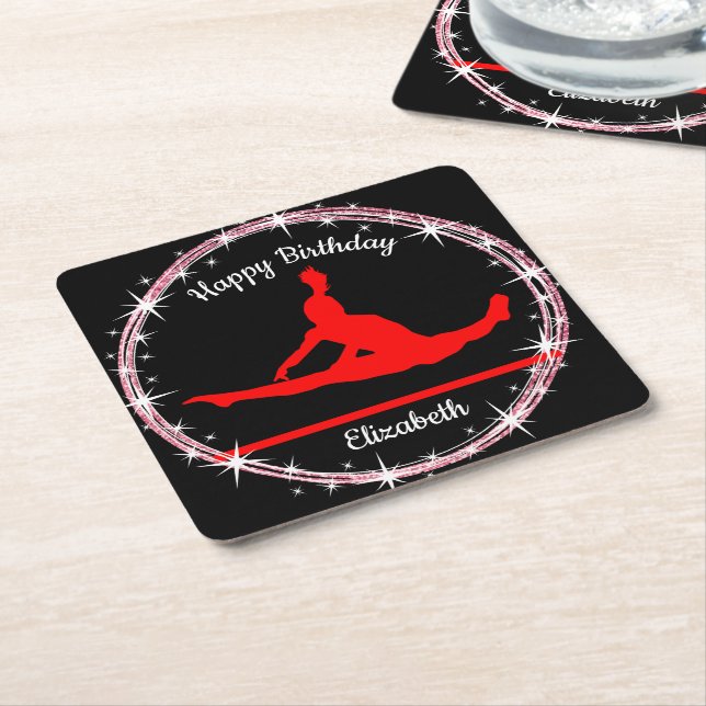 Gymnastics Bars Birthday in Red and Black  Square Paper Coaster (Angled)