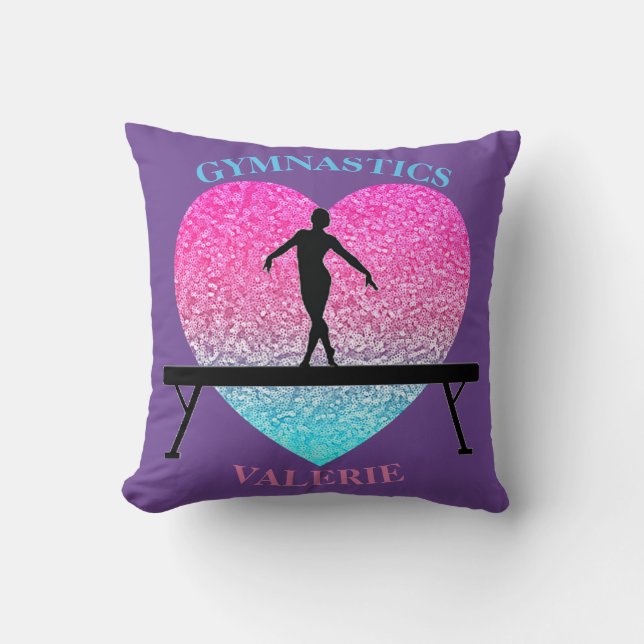 Gymnastics Beam Heart Throw Pillow w/ Her Name (Front)