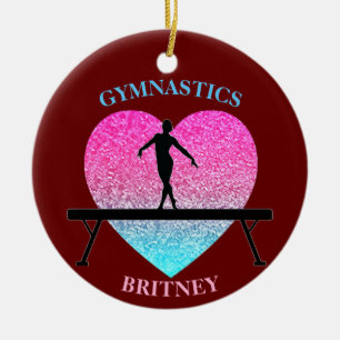 Gymnastics Beam Sparkle Heart Burgundy Ceramic Ornament