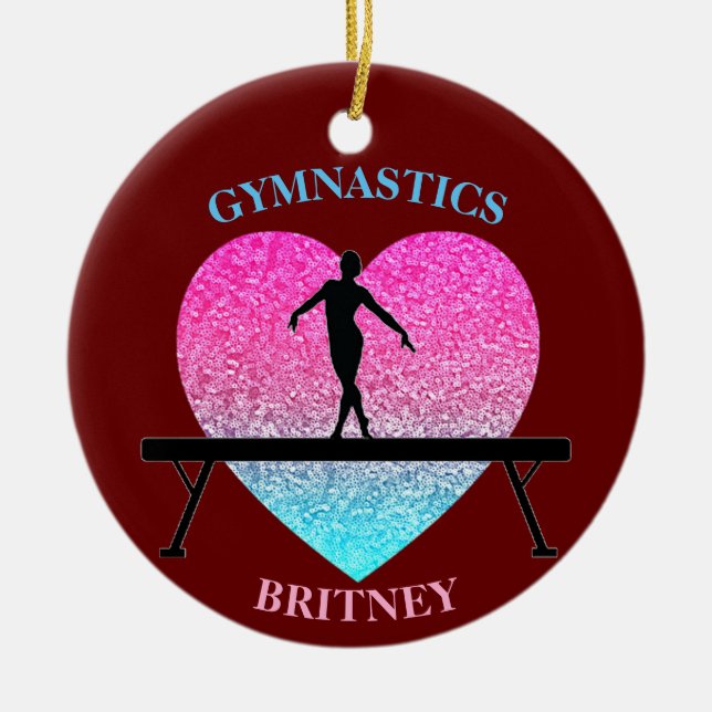 Gymnastics Beam Sparkle Heart Burgundy Ceramic Ornament (Front)