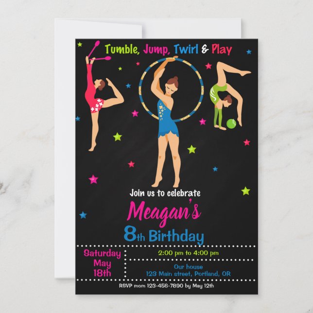 Gymnastics birthday invitation Girl tumbling party (Front)