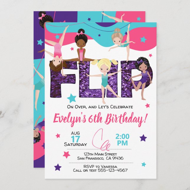 Gymnastics Birthday Invitation, Jump Invitation (Front/Back)