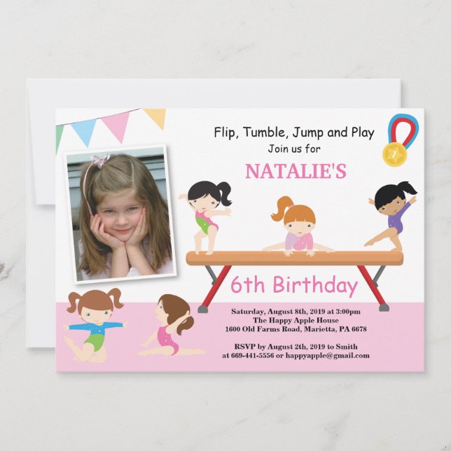Gymnastics Birthday Invitation Pink Gym Party (Front)