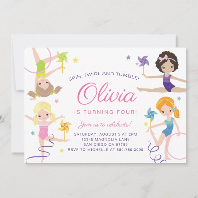 Gymnastics Birthday Invitation with Pinwheels (Front)