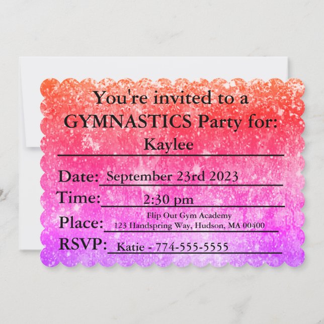 Gymnastics Birthday Party Invitation  (Back)