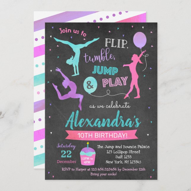 Gymnastics Birthday Party Invitation for Girl  (Front/Back)