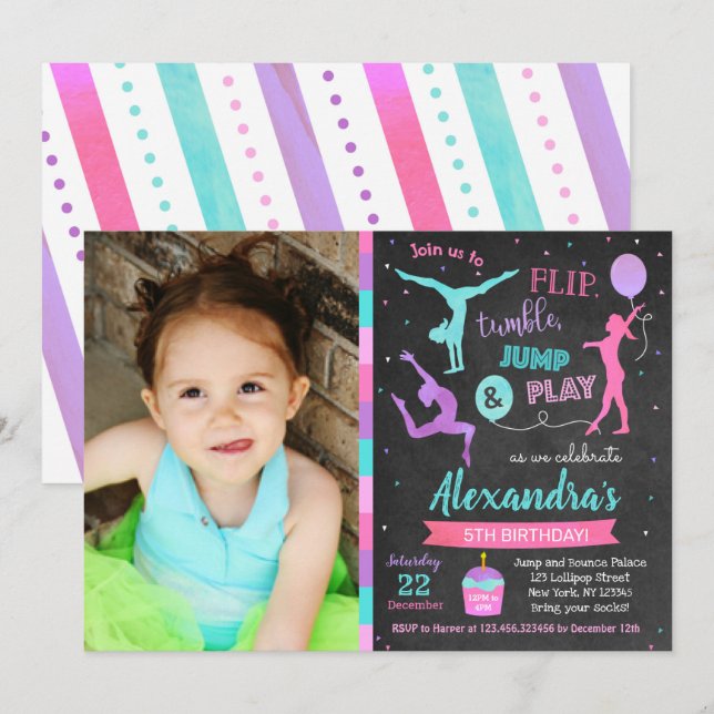 Gymnastics Birthday Party Invitation for Girl  (Front/Back)
