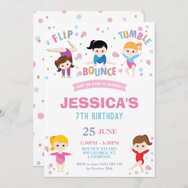 Gymnastics Birthday Party Jump Dance Girls Invitation (Front/Back)