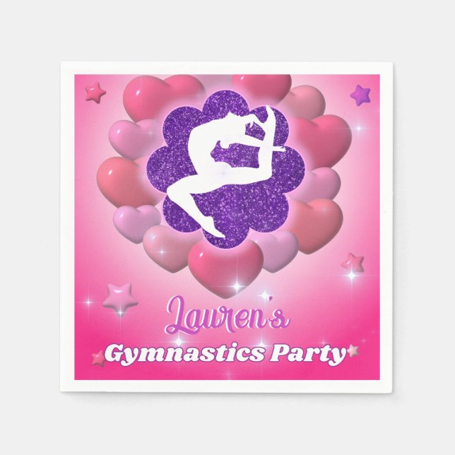 Gymnastics Birthday Party Pink Purple Heart Star Napkin (Front)