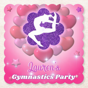 Gymnastics Birthday Party Pink Purple Heart Star Paper Coaster