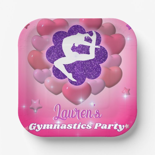 Gymnastics Birthday Party Pink Purple Heart Star Paper Plate (Front)