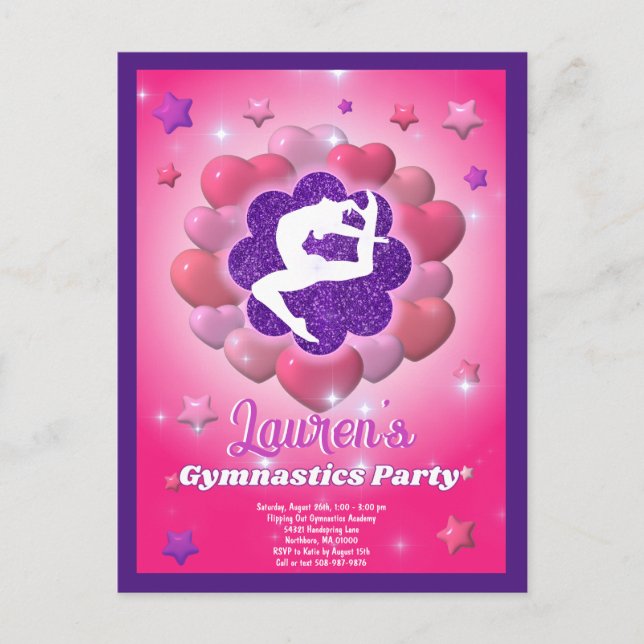 Gymnastics Birthday Party Pink Purple Invitation Postcard (Front)