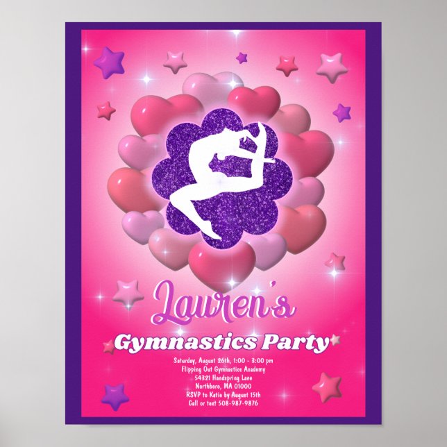 Gymnastics Birthday Party Pink Purple Invitation Poster (Front)