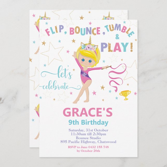 Gymnastics Birthday Party Short Blonde Hair Girl Invitation (Front/Back)