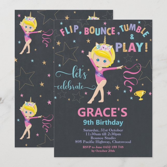 Gymnastics Birthday Party Short Blonde Hair Girl Invitation (Front/Back)