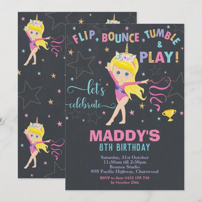 Gymnastics Birthday Party Unicorn Blonde Girl Invitation (Front/Back)