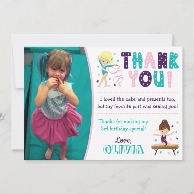 Gymnastics Birthday Thank You Card with Photo (Front)
