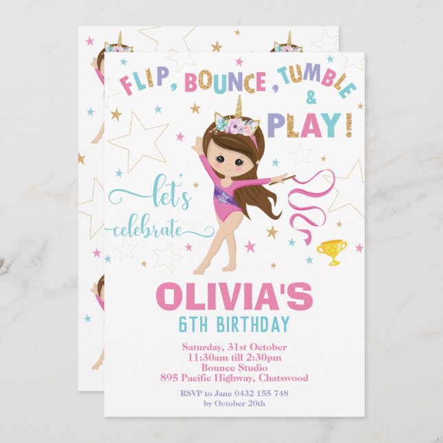 Gymnastics Birthday Unicorn Girl Gymnastics Party Invitation (Front/Back)