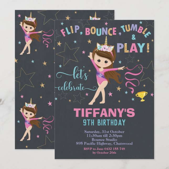 Gymnastics Birthday Unicorn Girl Gymnastics Party Invitation (Front/Back)