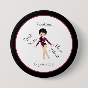 Gymnastics Black Hair, Brown Eyes, Burgundy Leo    7.5 Cm Round Badge