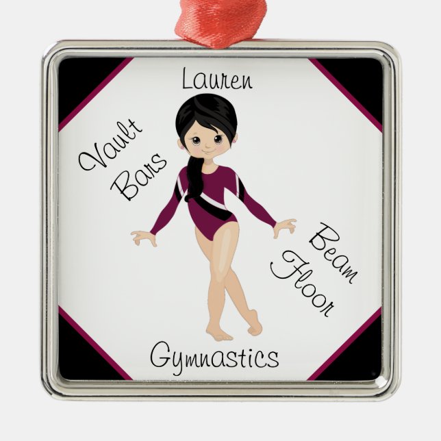 Gymnastics Black Hair, Brown Eyes, Burgundy Leo   Metal Ornament (Front)