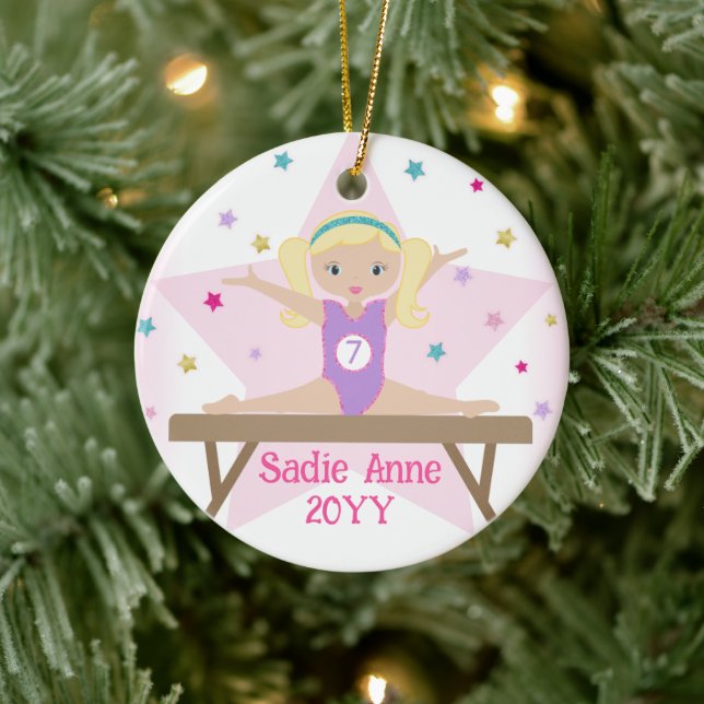 Gymnastics Blonde Hair Gymnast Custom Gift Ceramic Ornament (Tree)