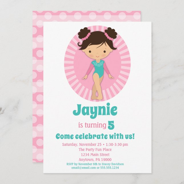 Gymnastics - Brunette Gymnast Pink Birthday Party Invitation (Front/Back)
