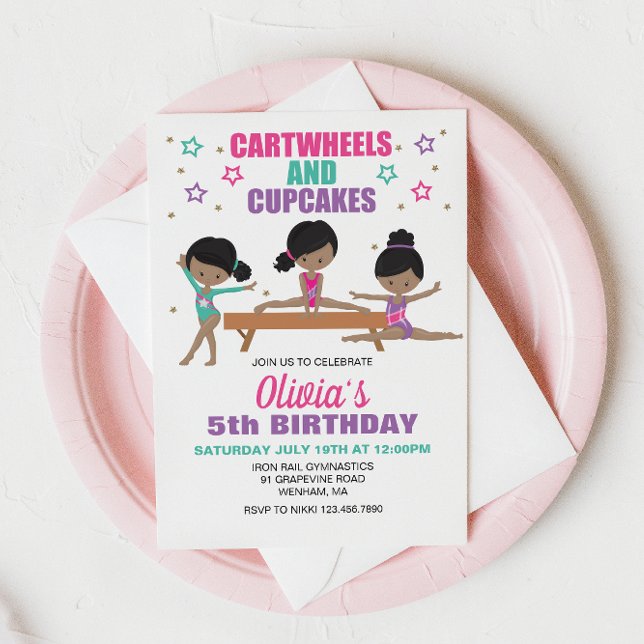 Gymnastics Cartwheels and Cupcakes Birthday Invita Invitation (Creator Uploaded)