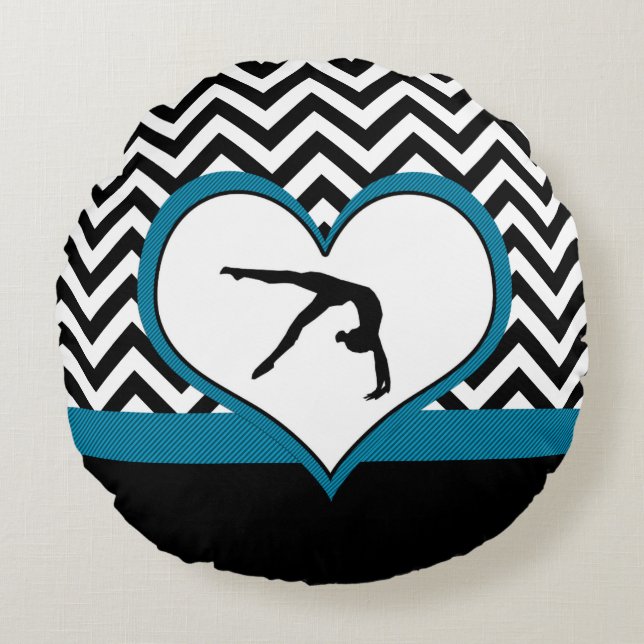 Gymnastics Chevron Heart in Black Round Cushion (Front)