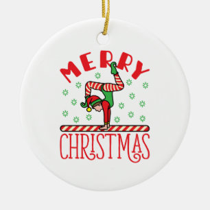 Gymnastics Christmas Elf on Beam Ceramic Ornament