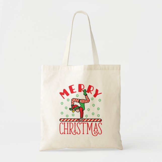 Gymnastics Christmas Elf on Beam Tote Bag (Front)