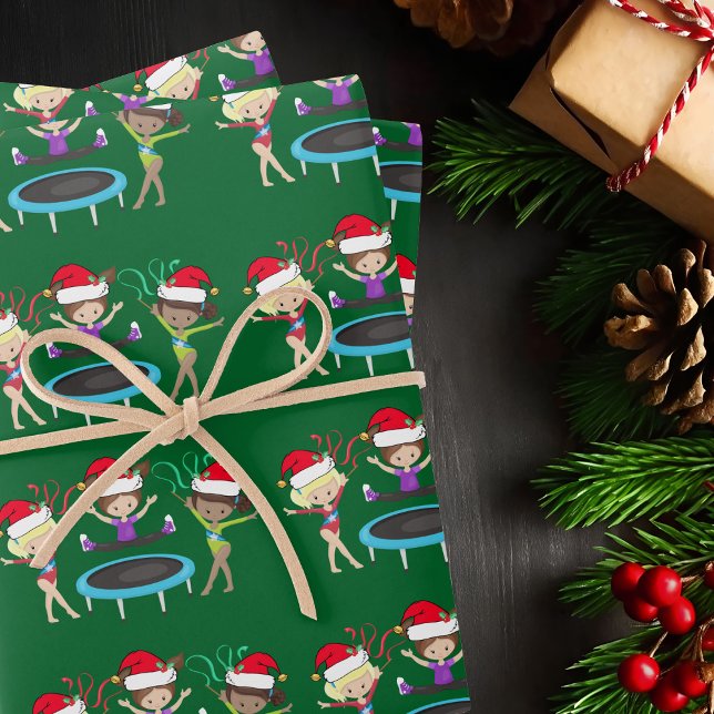 Gymnastics Christmas Gymnast Girls Cute Green Wrapping Paper Sheet (Creator Uploaded)
