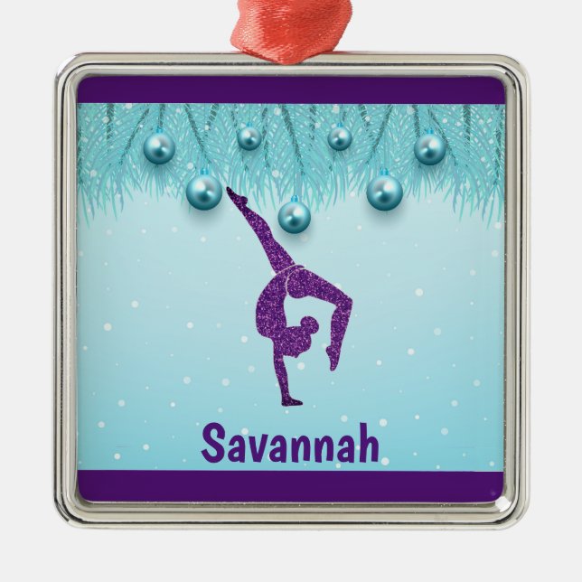 Gymnastics Christmas Purple Aqua Personalised    Metal Ornament (Front)