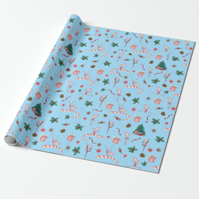 Gymnastics Christmas Wrapping Paper Blue Holiday (Unrolled)