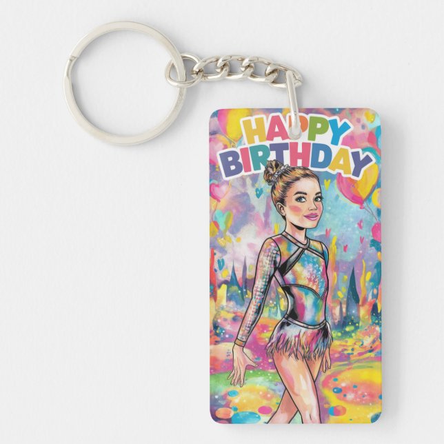 Gymnastics colourful painted personalised birthday key ring (Front)