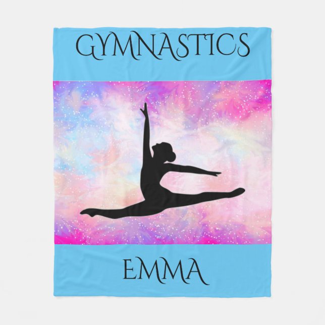 Gymnastics fleece blanket with personalized name. (Front)