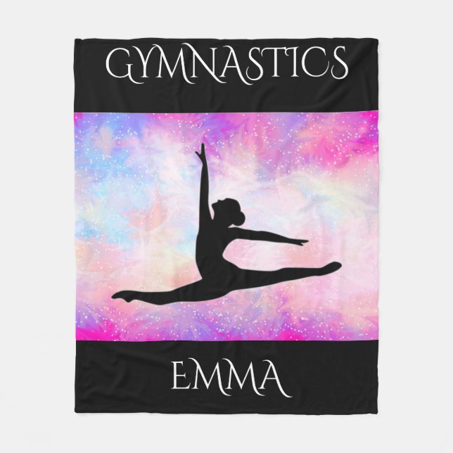 Gymnastics fleece blanket with personalized name. (Front)